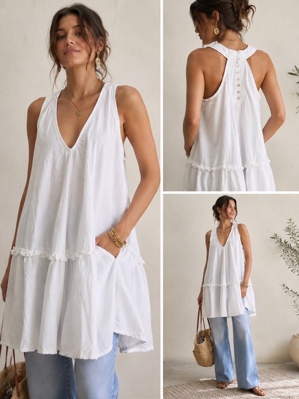 006 Anthropologie White Tiered Sleeveless Tunic Dress | XS | EUC